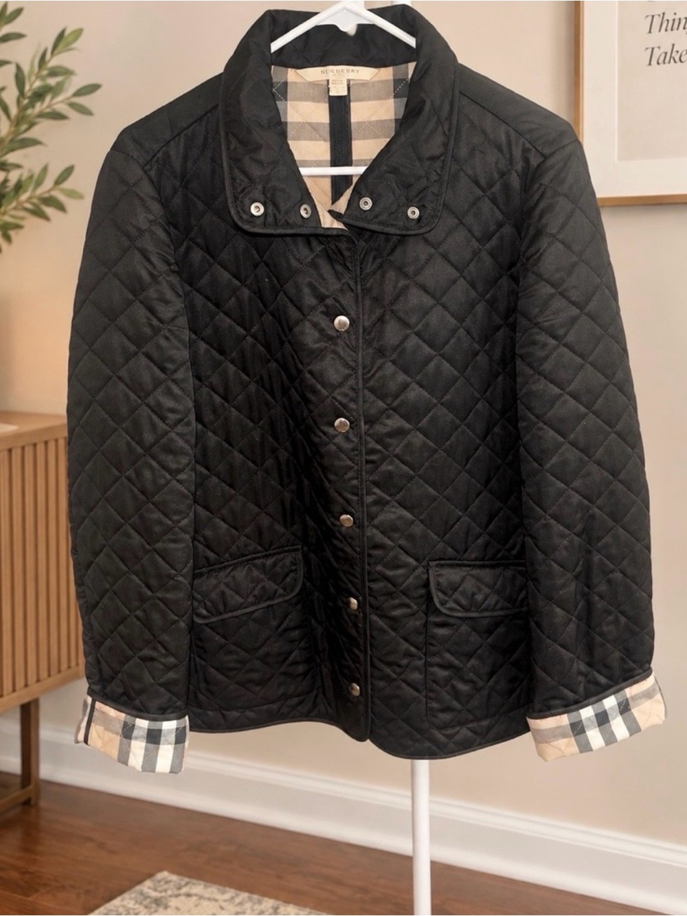 Burberry Black Quilted Utility Jacket with Check Trim Cuffs